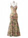 1930s Rose Print Fishbone Ruched Slit Dress