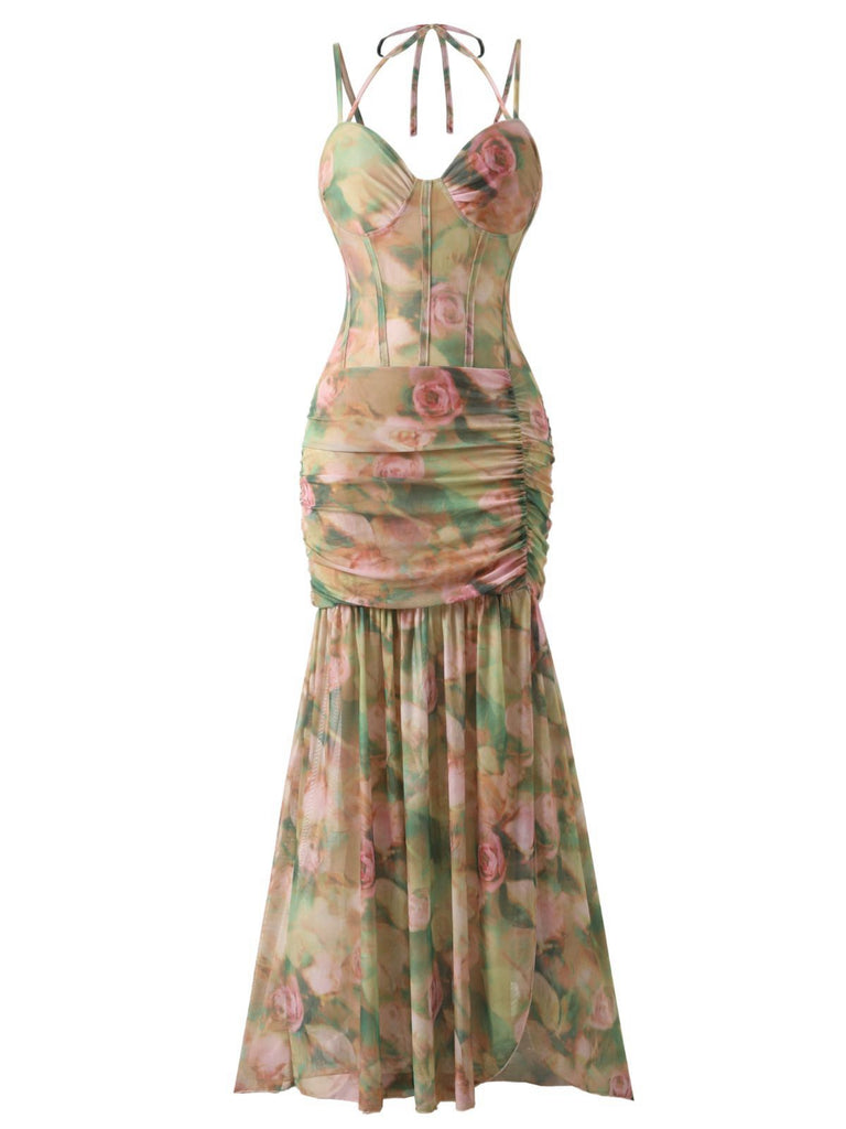 1930s Rose Print Fishbone Ruched Slit Dress
