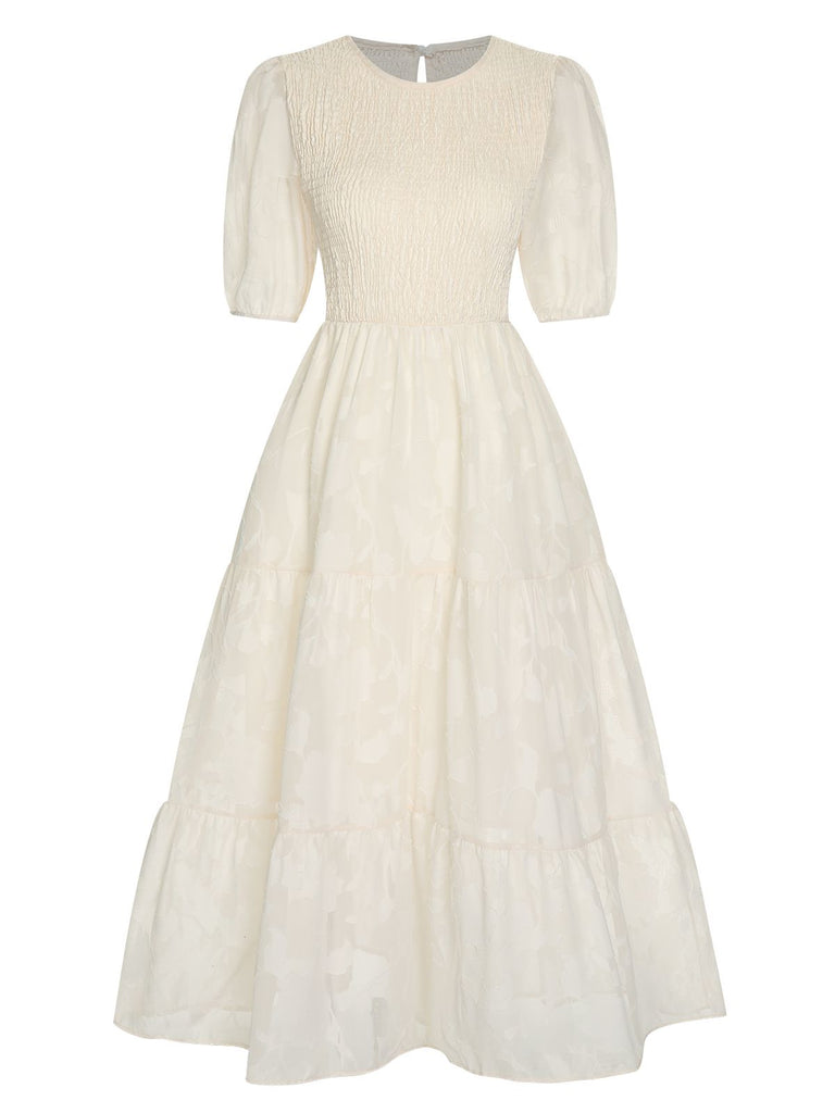 This 1930s Round Neck Puff Sleeve Wrinkle Dress wraps her in 1930s elegance, one twirl at a time