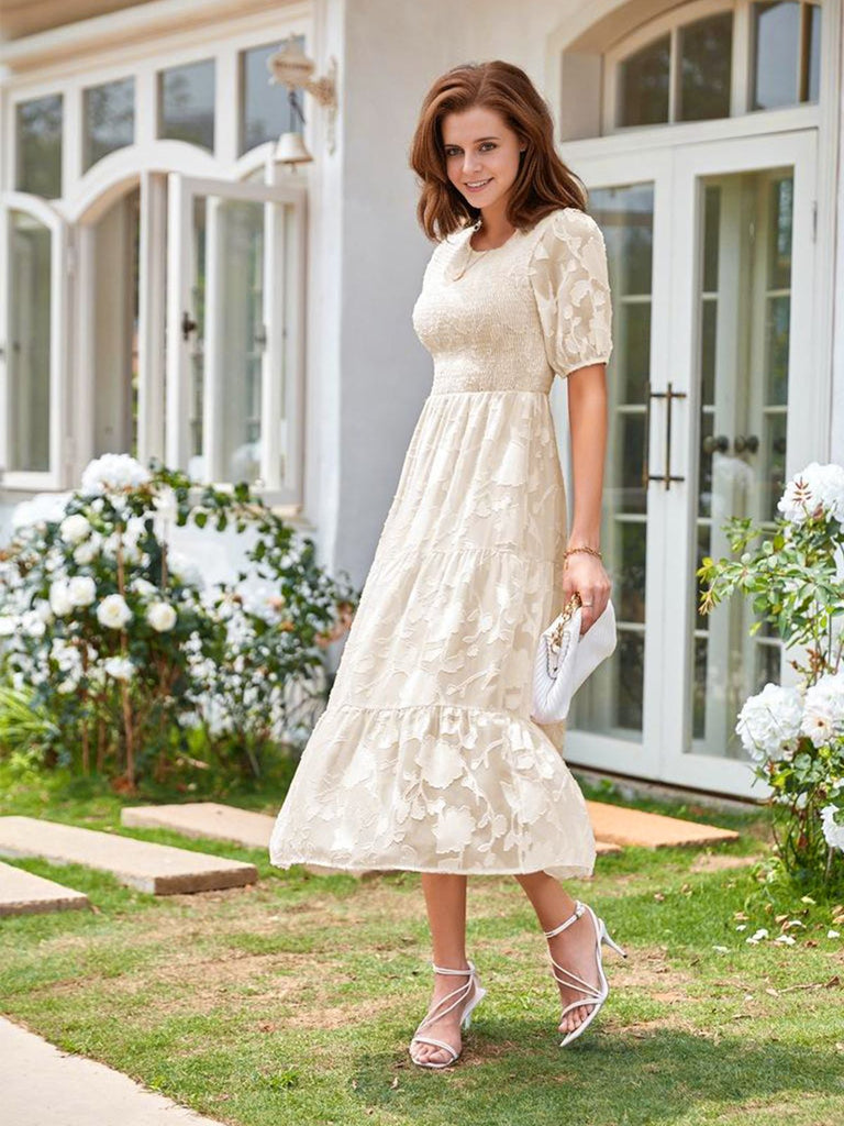1930s Round Neck Puff Sleeve Wrinkle Dress: where 1930s romance meets her modern spirit