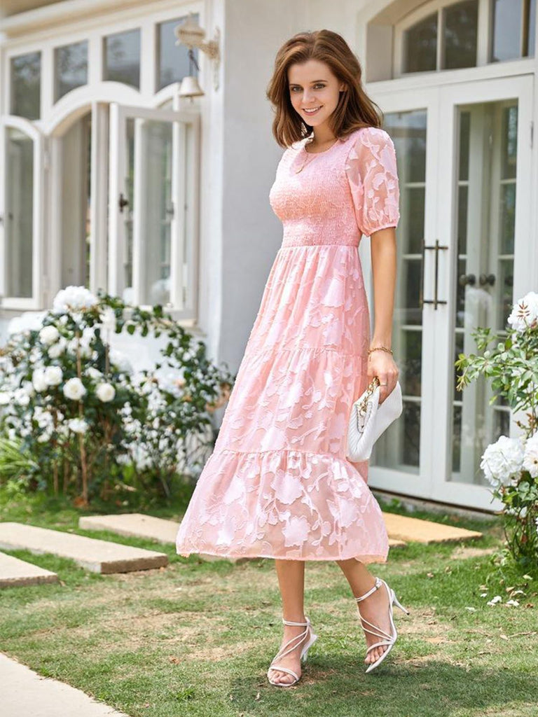This 1930s Round Neck Puff Sleeve Wrinkle Dress wraps her in 1930s elegance, one twirl at a time