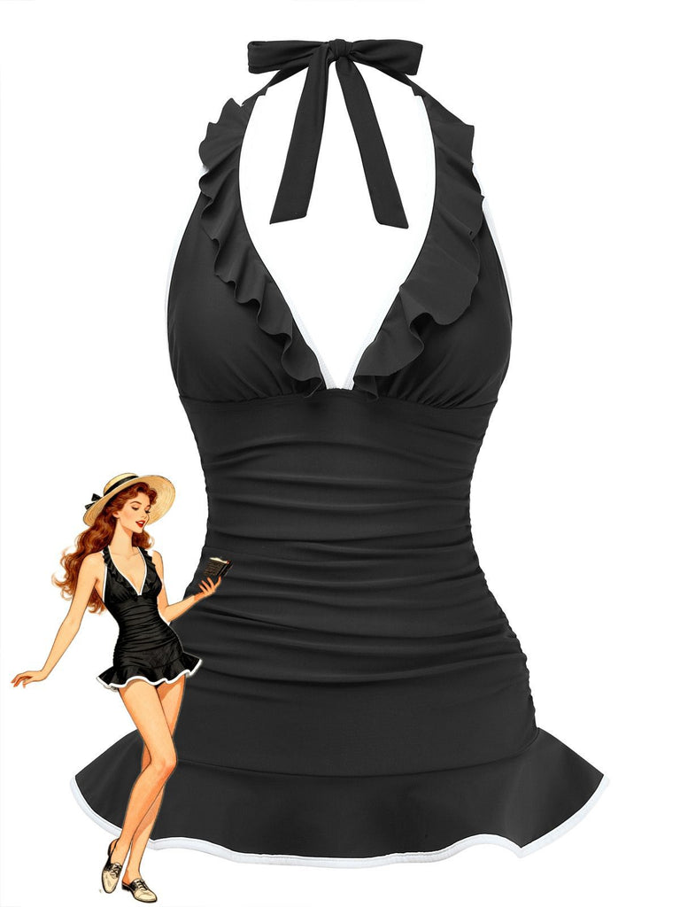 Vintage Halter Ruched Tummy Control One-Piece Swim Dress Black Vintage Halter Ruched Tummy Control One-Piece Swim Dress Black