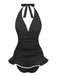 1930s Ruffle Halter Contrast Trim Swimdress - vintage dress, retro fashion