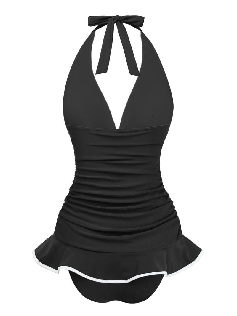 Vintage Halter Ruched Tummy Control One-Piece Swim Dress Black