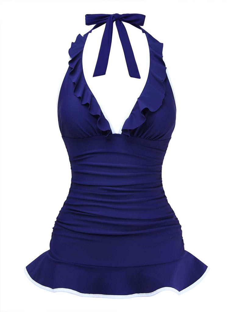 1930s Ruffle Halter Contrast Trim Swimdress - vintage dress, retro fashion