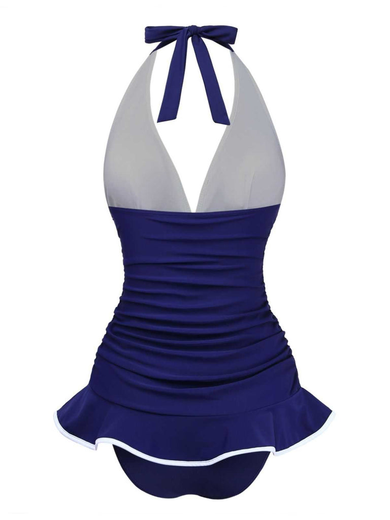 1930s Ruffle Halter Contrast Trim Swimdress - vintage dress, retro fashion