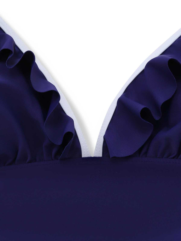 1930s Ruffle Halter Contrast Trim Swimdress - vintage dress, retro fashion
