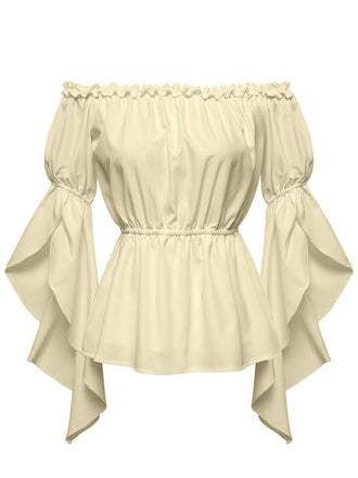 1930s Ruffled Bell Sleeve Off-Shoulder Solid Top - vintage fashion, retro style