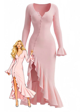 1930s Ruffled Button Side Slit Midi Dress - vintage dress, retro fashion