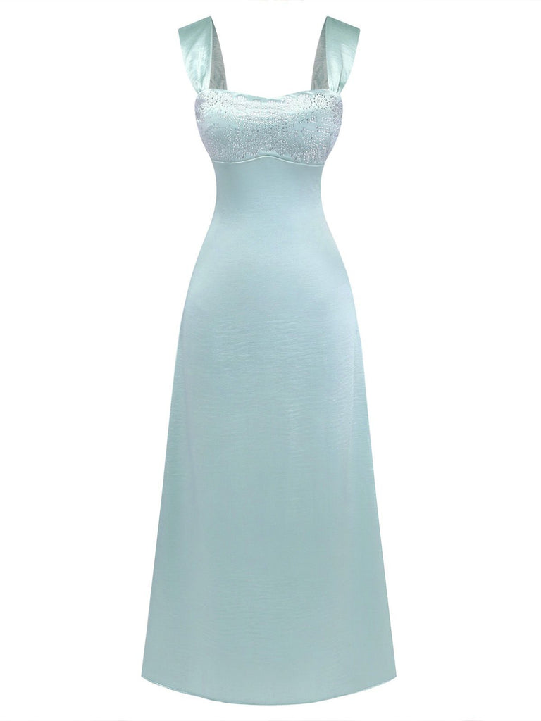 1930s Satin Rhinestone Wide-Strap Maxi Dress - vintage dress, retro fashion