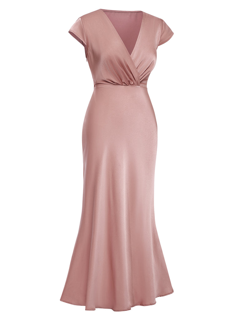 View 6: 1930s 1930s Satin Solid V-Neck Fishtail Dr