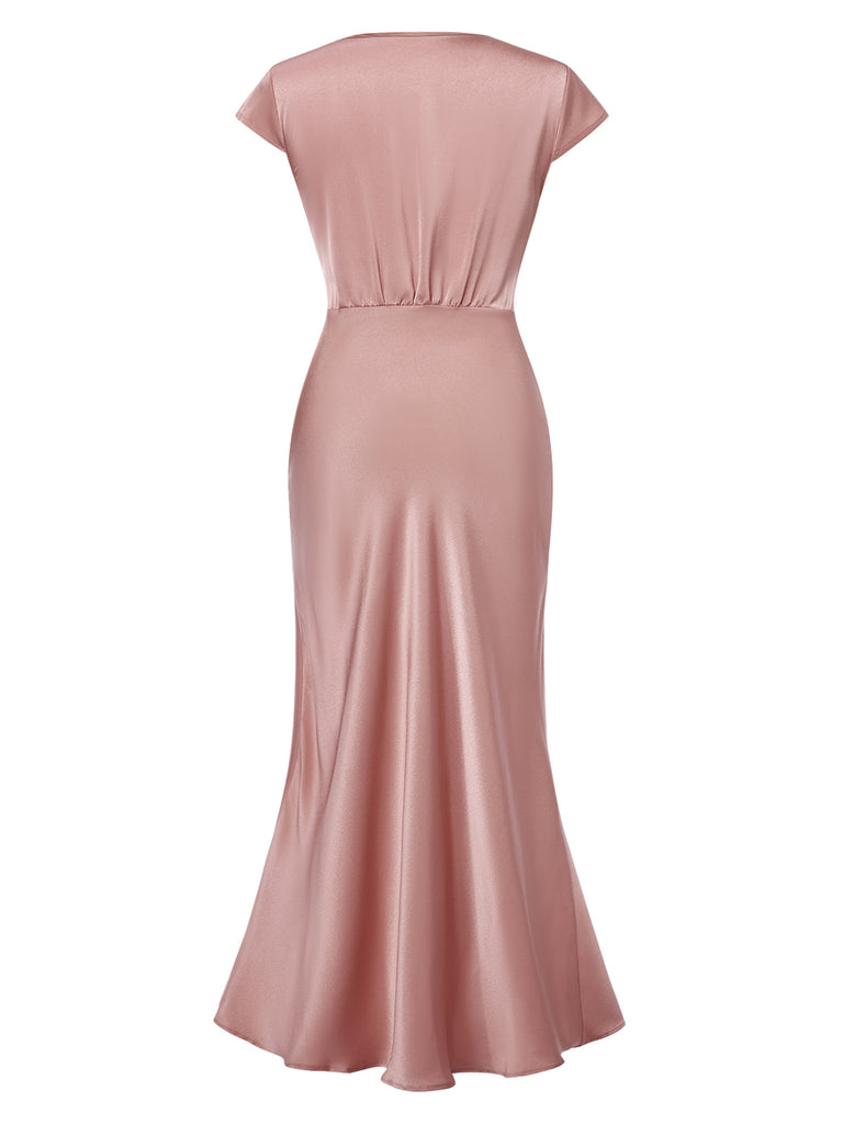 View 7: 1930s 1930s Satin Solid V-Neck Fishtail Dr