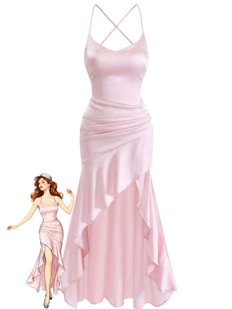 Pink 1930s Spaghetti Strap Backless Ruffle Dress 5