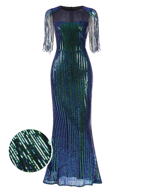 Women's Turquoise Sequin Mermaid Evening Gown with Tassels Women's Turquoise Sequin Mermaid Evening Gown with Tassels