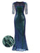 Front view: 1930s 1930s Sequined Tassels Mesh Patchwork Dress, perfect for retro themed parties, vintage fashion enthusiasts and special occasions