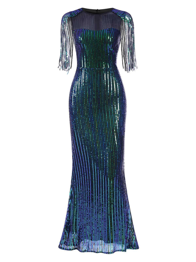 Side view: 1930s 1930s Sequined Tassels Mesh Patchwork Dress, perfect for retro themed parties, vintage fashion enthusiasts and special occasions