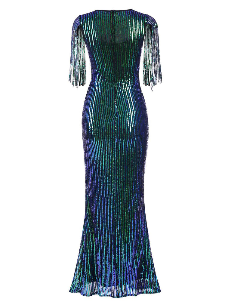 Back view: 1930s 1930s Sequined Tassels Mesh Patchwork Dress, perfect for retro themed parties, vintage fashion enthusiasts and special occasions