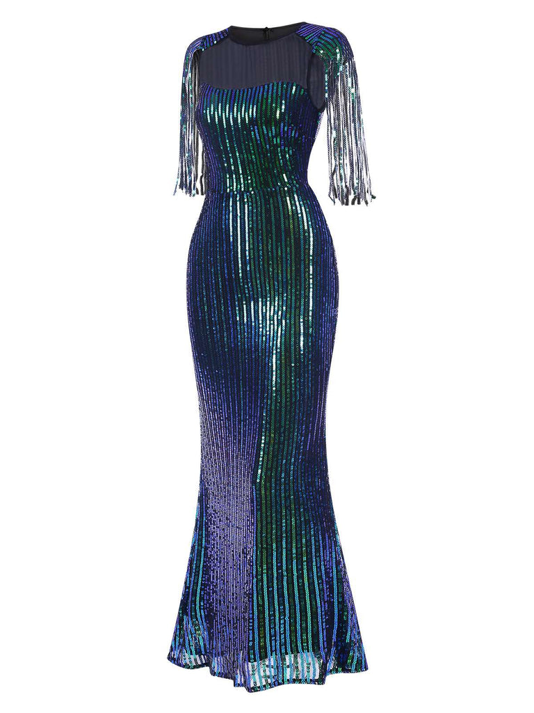 Detail close-up: 1930s 1930s Sequined Tassels Mesh Patchwork Dress, perfect for retro themed parties, vintage fashion enthusiasts and special occasions
