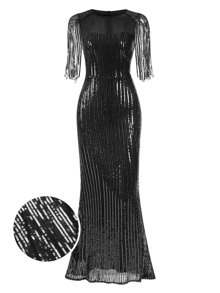View 7: 1930s 1930s Sequined Tassels Mesh Patchwork Dress, perfect for retro themed parties, vintage fashion enthusiasts and special occasions