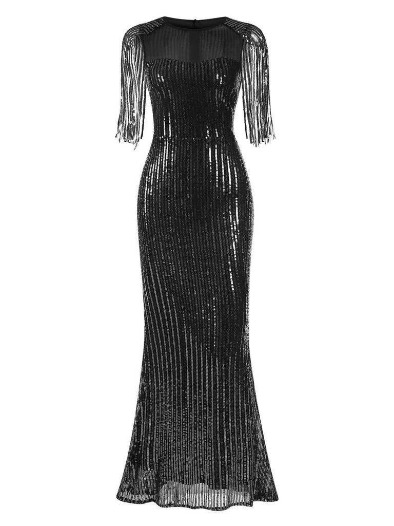 View 8: 1930s 1930s Sequined Tassels Mesh Patchwork Dress, perfect for retro themed parties, vintage fashion enthusiasts and special occasions