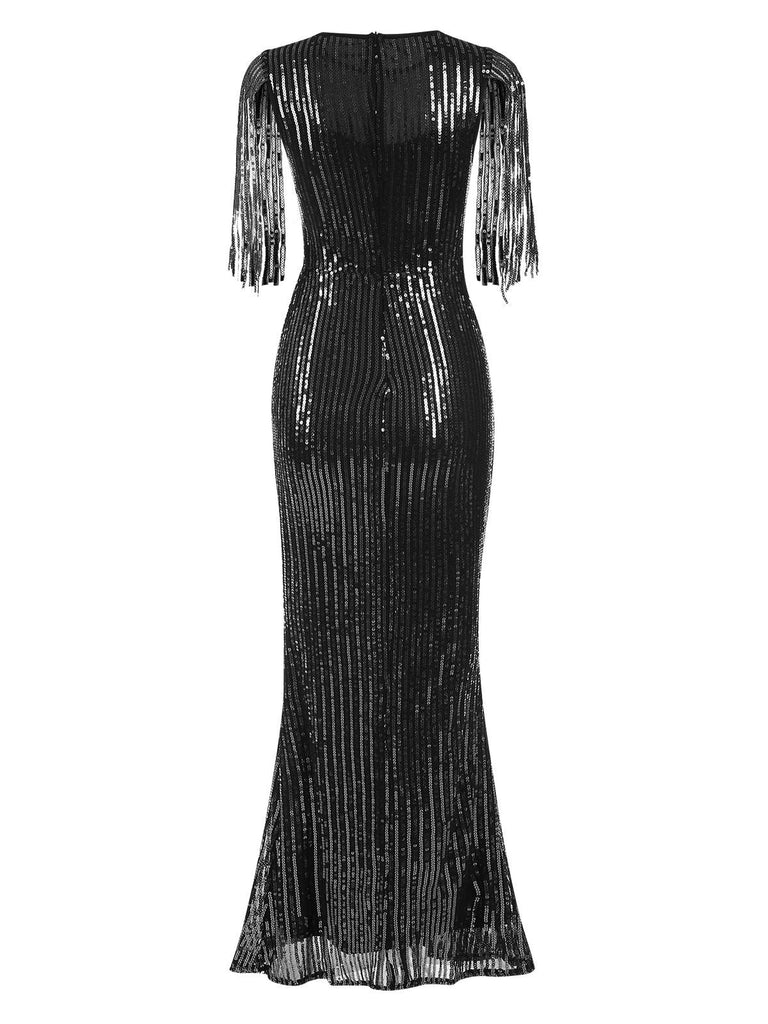Floor-Length Maxi Dresses Mermaid Wedding Guest Formal Formal Black Tie Dresses Fringe Sleeve