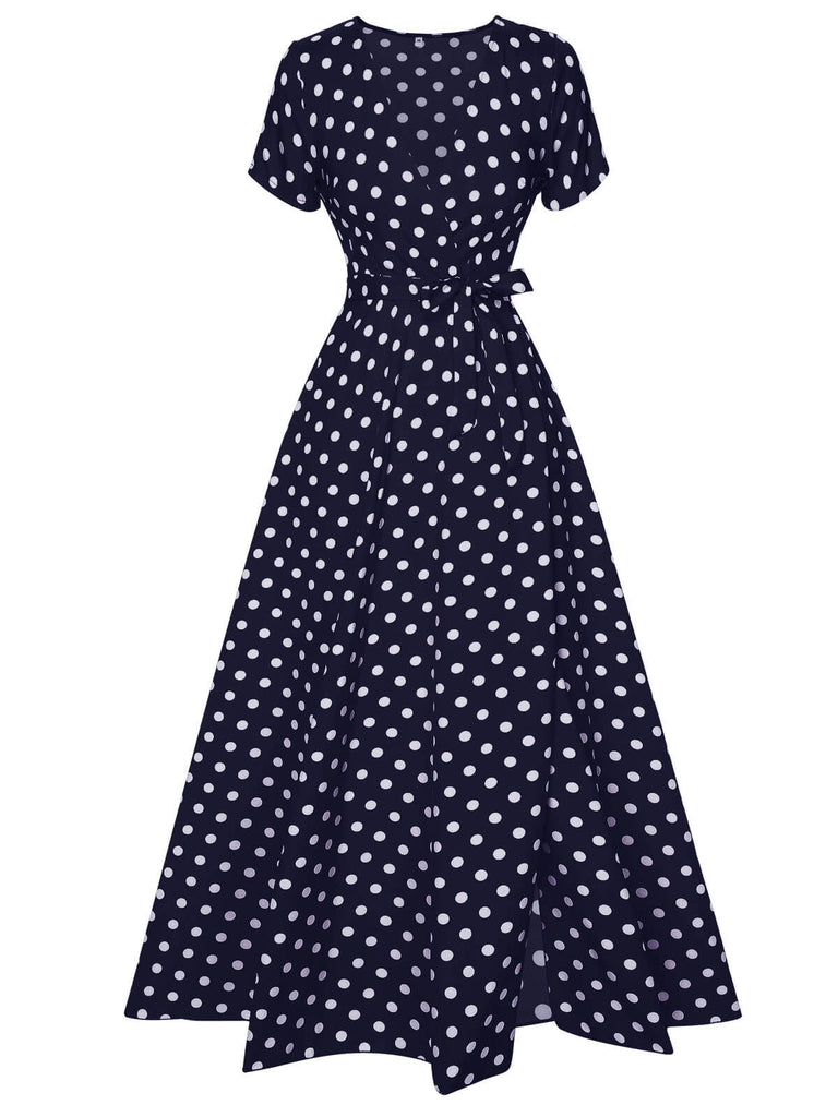 1930s Side Slit Deep V-Neck Polka Dots Dress 1930s Side Slit Deep V-Neck Polka Dots Dress