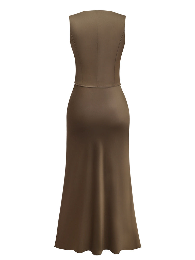 2PCS Brown 1930s Solid Satin Sleeveless V-Neck Vest & Fishtail Skirt - vintage skirt, retro style