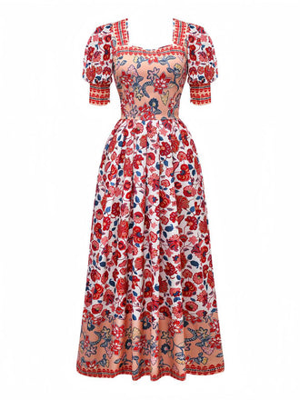 2PCS Red 1930s Floral Lantern Sleeve Cutout Top & Ruched Skirt - vintage skirt, retro style, elegant red