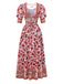 2PCS Red 1930s Floral Lantern Sleeve Cutout Top & Ruched Skirt - vintage skirt, retro style, elegant red