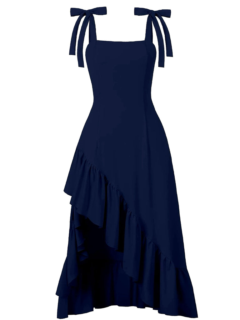 1930s Solid Bow Slit Ruffled Hem Suspender Dress - vintage dress, retro fashion