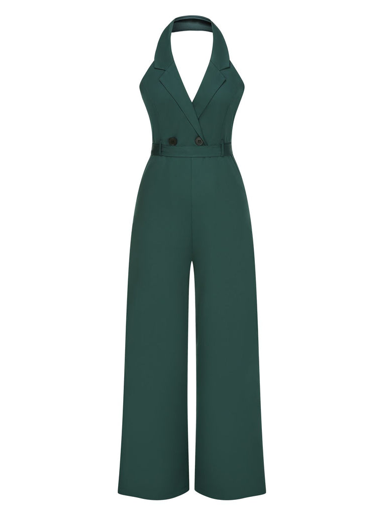 1930s Solid Button Halter Lapel Jumpsuit, vintage romper, retro jumpsuit - perfect for women who love vintage and retro fashion
