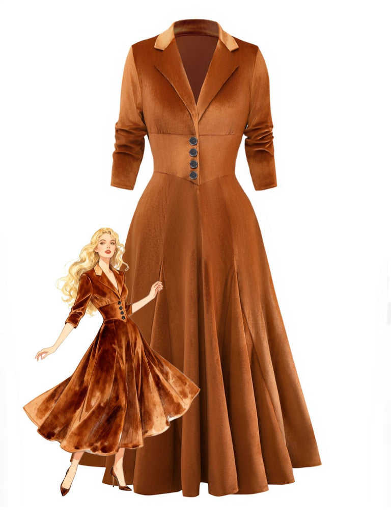 Retro Vintage Rust Velvet Button Dress | 1950s Style Formal Winter A-Line Midi Dress Retro Vintage Rust Velvet Button Dress | 1950s Style Formal Winter A-Line Midi Dress