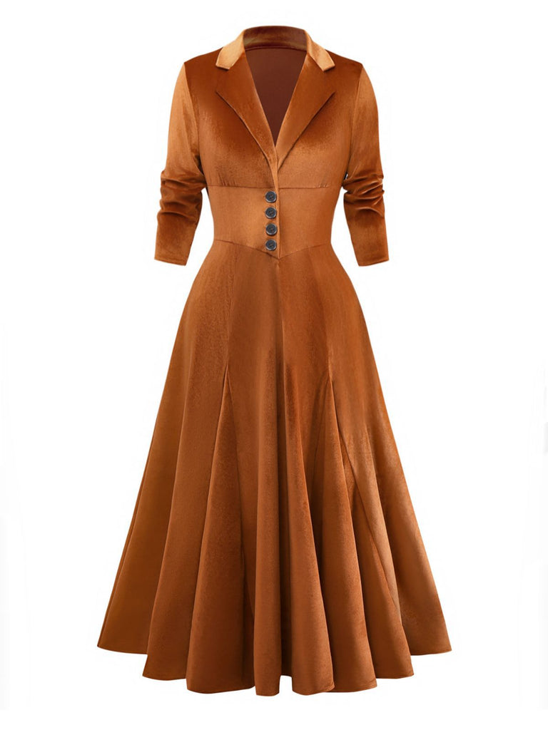 Retro Vintage Rust Velvet Button Dress | 1950s Style Formal Winter A-Line Midi Dress Retro Vintage Rust Velvet Button Dress | 1950s Style Formal Winter A-Line Midi Dress