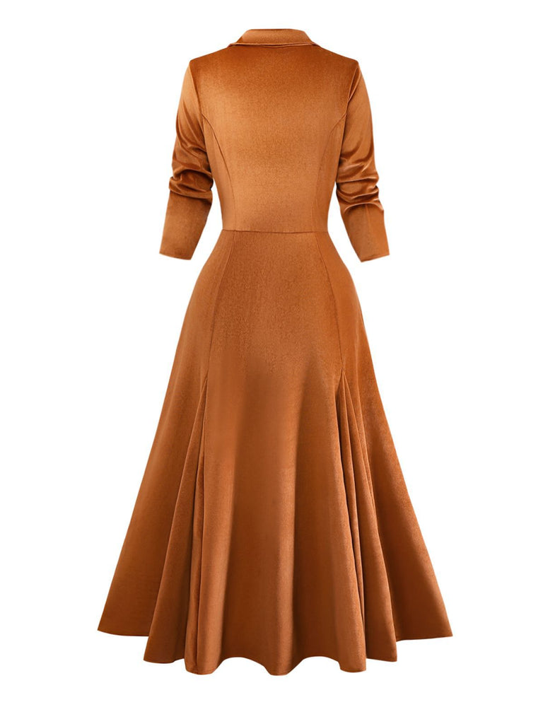 Retro Vintage Rust Velvet Button Dress | 1950s Style Formal Winter A-Line Midi Dress