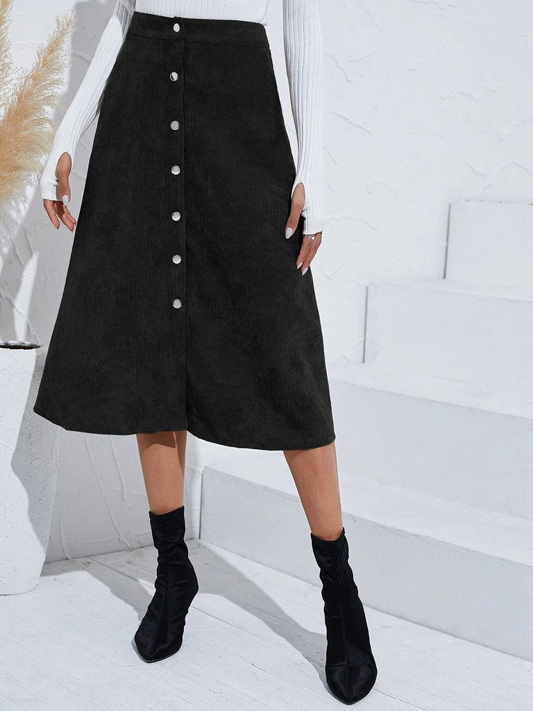 1930s Solid Buttoned Corduroy A-Line Skirt — 1930s femininity that moves with her mood