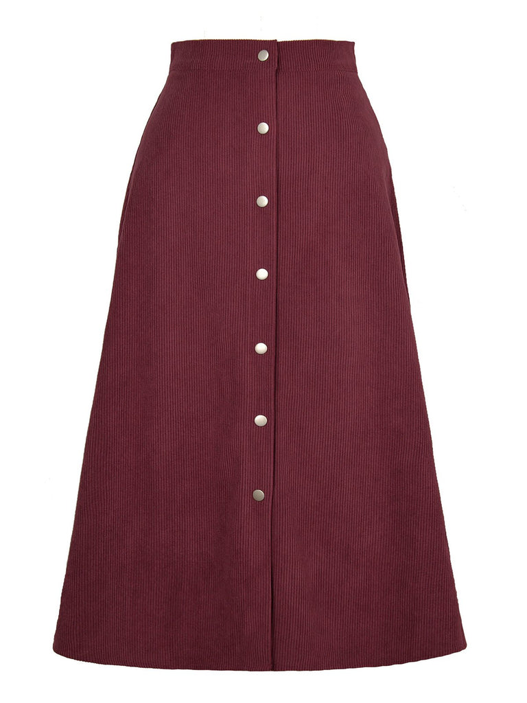 This 1930s Solid Buttoned Corduroy A-Line Skirt spins 1930s stories with every step