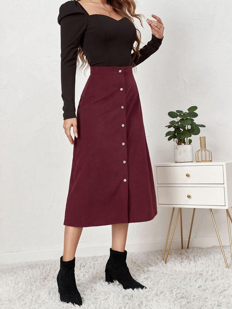 1930s Solid Buttoned Corduroy A-Line Skirt — 1930s femininity that moves with her mood