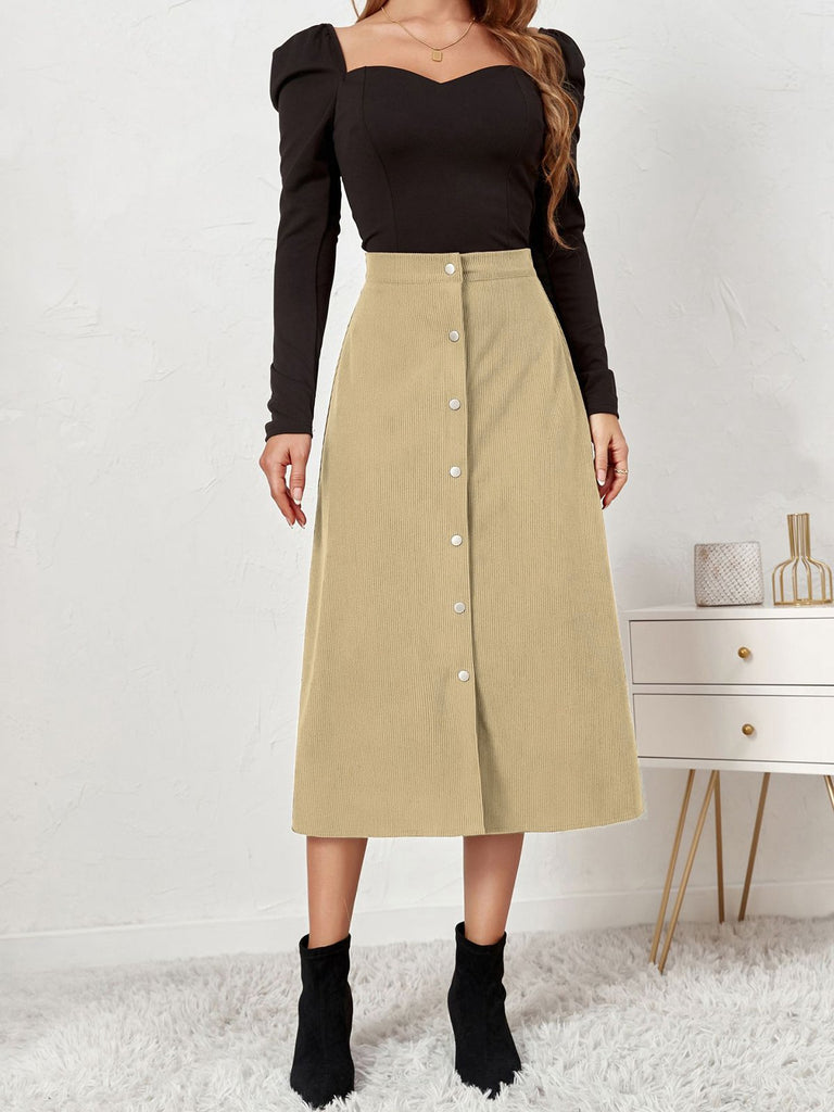 1930s Solid Buttoned Corduroy A-Line Skirt: 1930s grace for the woman who dances through life