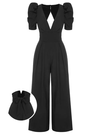 She finds her 1930s story in this 1930s Solid Deep V Puff Sleeves Jumpsuit