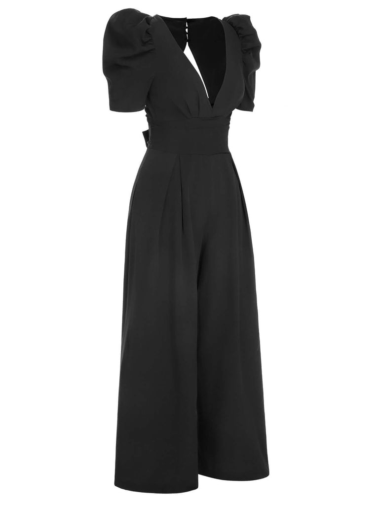 This 1930s Solid Deep V Puff Sleeves Jumpsuit whispers 1930s secrets to those who notice