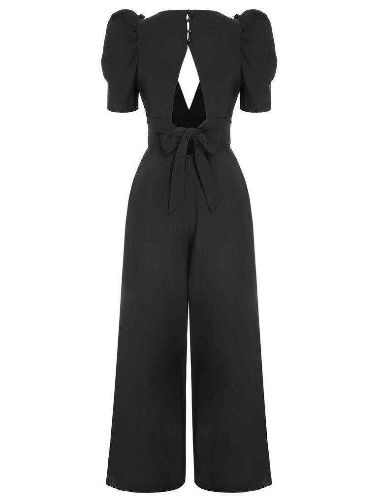 1930s Solid Deep V Puff Sleeves Jumpsuit — 1930s style that transcends decades