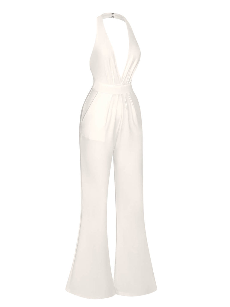 1930s Solid Deep V-Neck Halter Jumpsuit, vintage romper, retro jumpsuit - perfect for women who love vintage and retro fashion