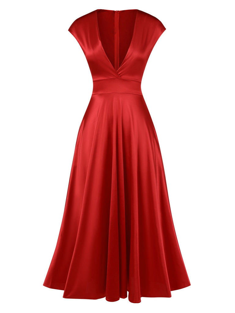 1930s Solid Deep V-Neck Satin Dress, vintage dress, retro fashion - perfect for women who love vintage and retro fashion
