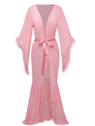 1930s Solid Feather Trim Lace-Up Mesh Robe - vintage fashion, retro style