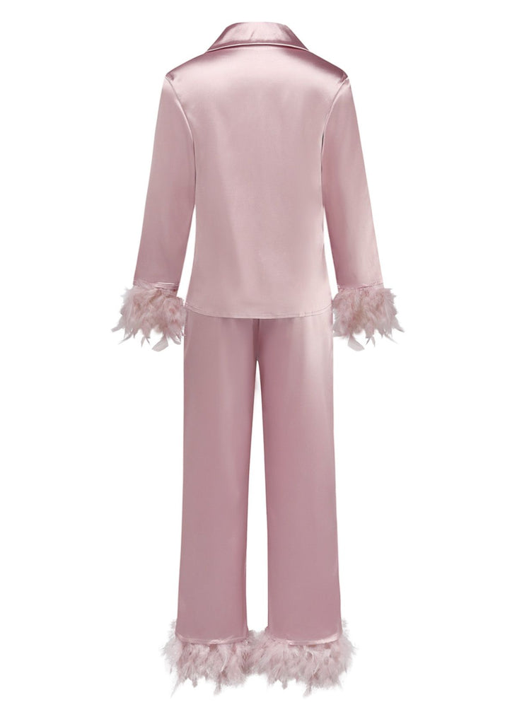 1930s Solid Feather Trim Satin Pajama Set - vintage fashion, retro style