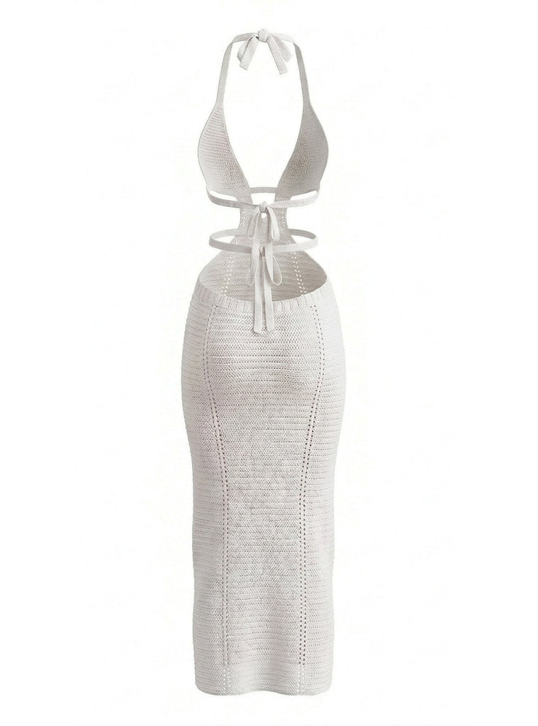 1930s Solid Halter Cutout Crocheting Cover-Up Dress - vintage dress, retro fashion