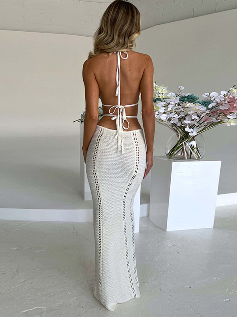 1930s Solid Halter Cutout Crocheting Cover-Up Dress - vintage dress, retro fashion
