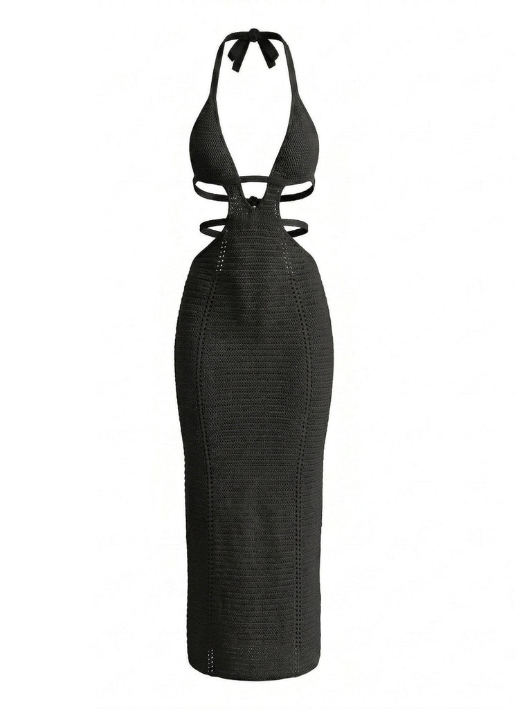 1930s Solid Halter Cutout Crocheting Cover-Up Dress - vintage dress, retro fashion