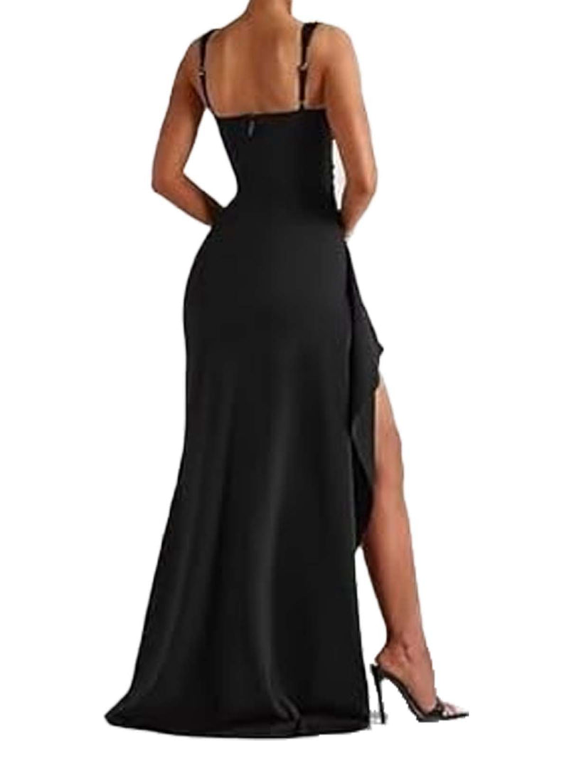 Black Square Neck Maxi Dress - High Slit Ruched Bodycon Formal Evening Gown Black Square Neck Maxi Dress - High Slit Ruched Bodycon Formal Evening Gown