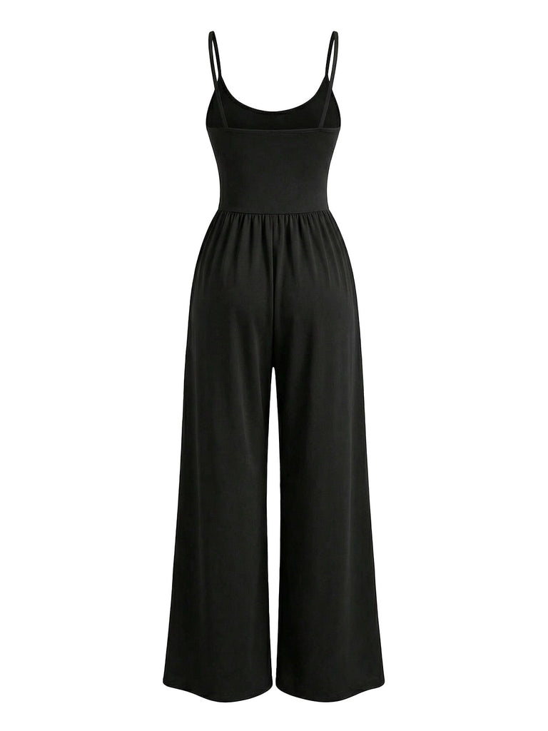 1930s Solid Knitted Spaghetti Straps Wide-Leg Jumpsuit - vintage romper, retro jumpsuit, playful style for vintage lovers